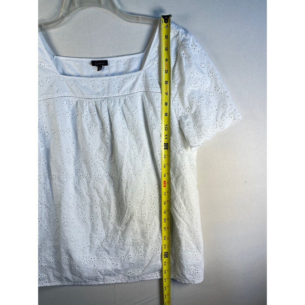 Talbots White Floral Eyelet Square Neck Short Sleeve Blouse XL Cotton Boho Top - Picture 5 of 7